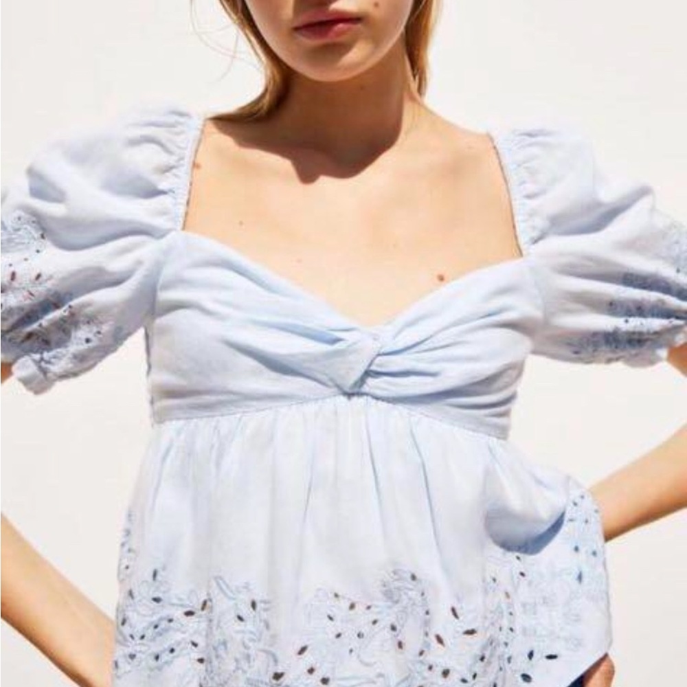 Zara Blue Puff Sleeve Tie Front Blouse